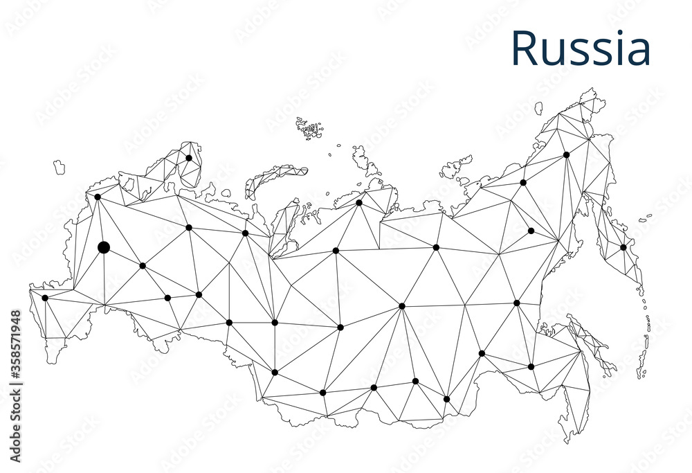 Poster russia communication network map. vector low poly image of a global map with lights in the form of c