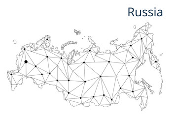 Russia communication network map. Vector low poly image of a global map with lights in the form of cities in or population density consisting of points and shapes and space. Easy to edit