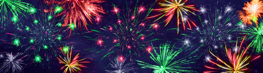 FIREWORK background banner panorama - Colorful festive firework in summer party / silvester, in the dark night