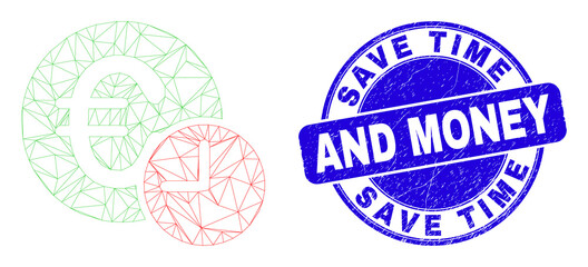 Web mesh euro credit time icon and Save Time And Money stamp. Blue vector rounded textured stamp with Save Time And Money message.