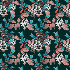 Bell flowers and elder plant, seamless pattern.