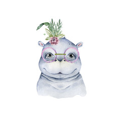 Cute baby Hippo Hand drawn adorable watercolor illustration on white background