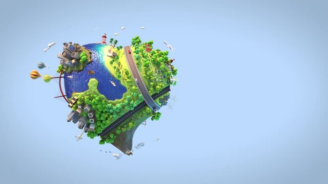 Loop animation of heart shaped world with several moving elements, green planet with clean energy and happy mood in sunny day as concept for love and peace livestyle. 3d render animation