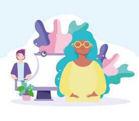 online meeting or conference during coronavirus covid 19, young woman with computer video call man