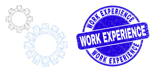 Web mesh gears icon and Work Experience watermark. Blue vector round textured watermark with Work Experience text. Abstract frame mesh polygonal model created from gears icon.