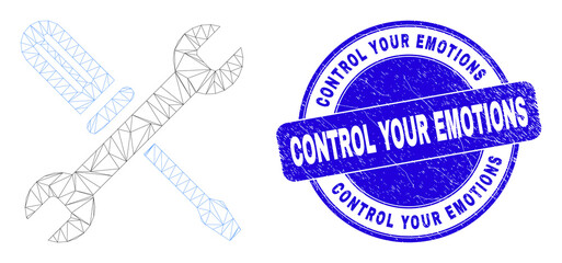 Web mesh repair tools pictogram and Control Your Emotions stamp. Blue vector round grunge stamp with Control Your Emotions text.