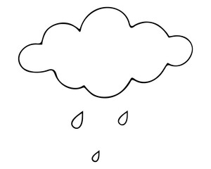 Rain. Cloud and raindrops. Sketch. Vector illustration. Outline on an isolated white background. The beginning of a downpour. Weather forecast. The sky is crying with pure tears. Doodle style. 