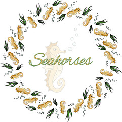 Seamless seahorse circular wreath including bubbles and seaweed.