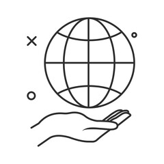 Hand and globe icon. Outline thin line. Isolated. 