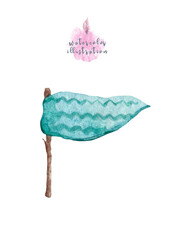 Purple flag. Cute ribbons on white background. Hand drawn watercolor flag