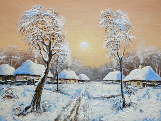 Oil paintings rural landscape, fine art. Old village, winter landscape with trees
