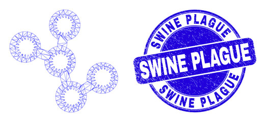 Web carcass microbes pictogram and Swine Plague seal. Blue vector rounded distress seal with Swine Plague title. Abstract carcass mesh polygonal model created from microbes pictogram.