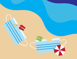 Flat illustration of face masks shape beach towels, umbrellas, flip flops, beach bag and sunglasses in the beach