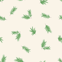 Seamless pattern with sprigs of rosemary on a light beige background.