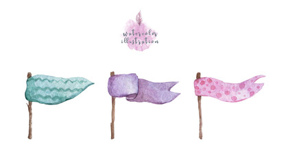 Pink flags. Cute ribbons on white background. Hand drawn watercolor flag