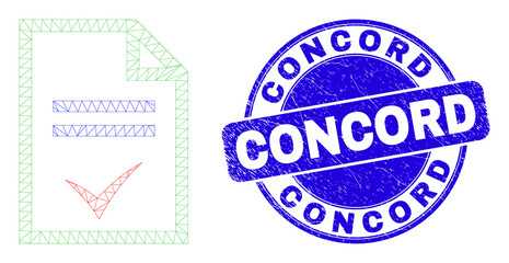 Web carcass agreement page icon and Concord seal stamp. Blue vector rounded distress seal stamp with Concord title. Abstract frame mesh polygonal model created from agreement page icon.