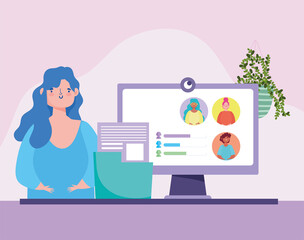 online meeting or conference during coronavirus covid 19, teacher and student group computer video call