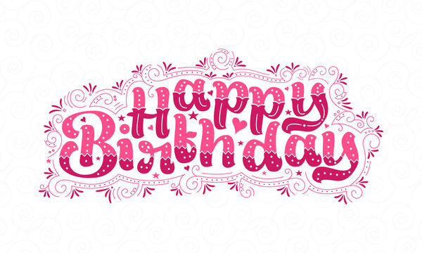 Happy Birthday beautiful lettering design with dots, lines, and leaves.