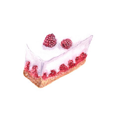 Watercolor illustration of a raspberry cheesecake on a white background