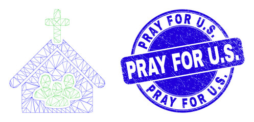Obraz premium Web carcass church people icon and Pray for U.S. seal stamp. Blue vector rounded textured watermark with Pray for U.S. caption. Abstract carcass mesh polygonal model created from church people icon.