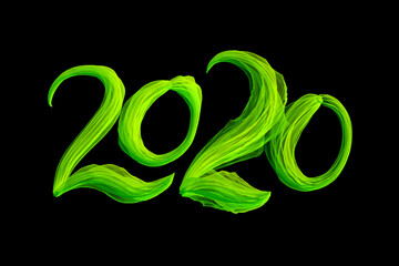 Happy new year 2020 numbers lettering written by green flame particles isolated on black background