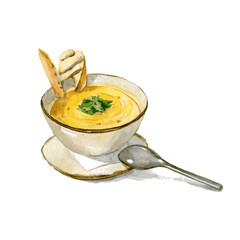 Yellow cream soup, decorated with greens and crackers, with a spoon. Watercolor illustration isolated on white background. Vector - 358575598