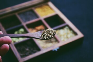 Spoonful of dry cumin seeds with a wooden spice box in the background. Selective focus, close-up...