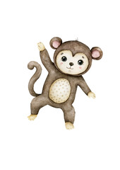 Cute Monkey. Hand drawn watercolor cartoon baby illustration on white background