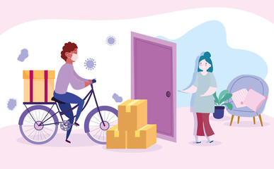 safe delivery at home during coronavirus covid-19, courier man riding bike and customer waiting deliver in house