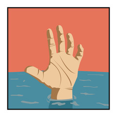 hands on the surface of the water. ask for help