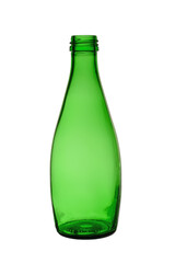 Empty green transparent glass bottle for liquids. Isolated on a white background without a cover
