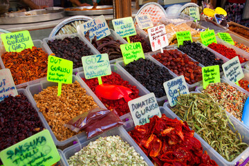 Ankara, Beypazari/Turkey - 06.09.2020: spices and dried foods are in the bucket. Beypazari price tag's of the dried fruits and explanations.