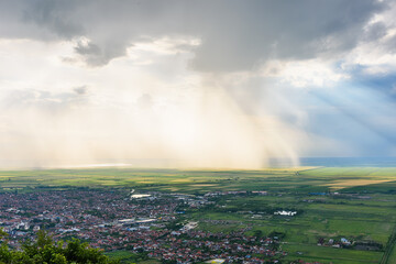 Vrsac city landscape in Serbia. Panoramic shot of one of the most beautiful towns in Vojvodina and Serbia. Changeable weather