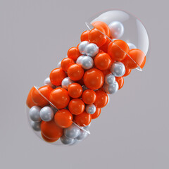 Close-up open capsule or pill antibioic painkiller with many spheres medicine inside. Health medical concept. 3d render