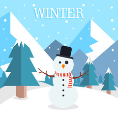 Winter landscape with snowman vector illustration
