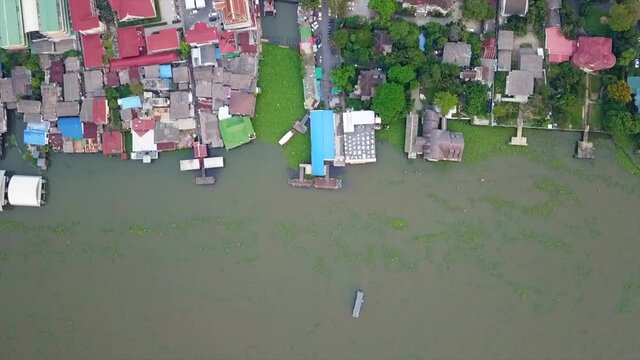 Chao Phraya River View - High aerial view in daytime by drone. The best beautiful rever in Bangkok - Thailand [4k Resolution]