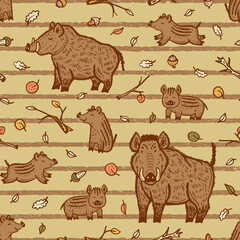 Boars Vector Seamless pattern. Background with Hand Drawn Doodle Wild Pig and Wild Boar Piglet. Cartoon Cute Animals Collection. Chinese Zodiac Animal. Symbol of Lunar Chinese New Year 2019
