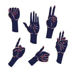 Set of hand gestures. Open hand, fist, peace, approval, direction. Vector illustration.