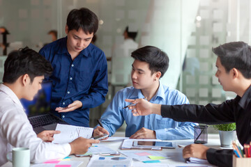 Meeting of young asian business people who are committed to work. Creative business team sitting working together at office.