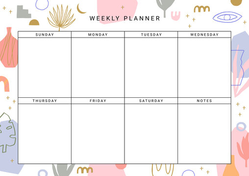 Weekly Planner Template. Stationery organizer for daily plans. Abstract modern design. Vector.