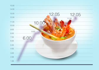 Tom Yam Kung Shrimp in a white bowl. Isolated on Infographics which show an increase in consumption for health.