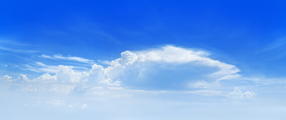 White cumulus clouds on clear blue sky wide panorama, beautiful aerial cloudscape panoramic view, azure skies backdrop, fluffy cloud texture, sunny heaven, cloudy weather, flight landscape, copy space