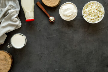 Obraz na płótnie Canvas Cottage cheese, milk, cream. Healthy food for breakfast top view copy space