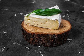 piece of Camembert cheese with basil on a wooden board and on a dark background