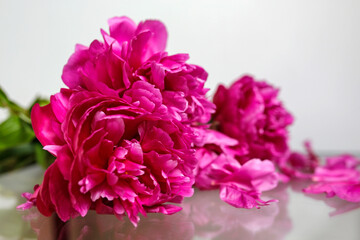 beautiful bouquet of peonies on glass table