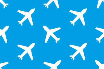 White plane on a blue background, geometric seamless pattern.