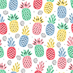 Fruit Vector Background with Pineapple. Abstract Seamless Pattern with Pineapples. Colorful Tropical Fruits Wallpaper. Healthy Summer Food Background
