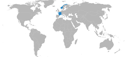 Fototapeta premium Kraje Francji, Norwegii na białym tle na mapie świata. Jasnoszare tło. Koncepcje biznesowe, tła i tapety.