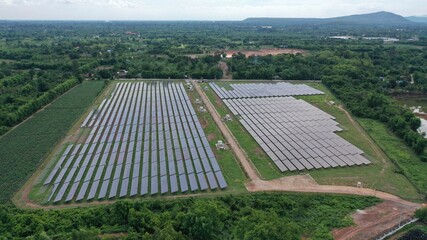 Solar energy farm. Aerial view of a solar farm in Asia.
