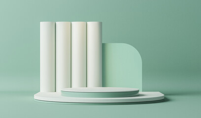 Minimal scene with podium and abstract background. Pastel blue and white colors scene. Trendy 3d render for social media banners, promotion, cosmetic product show. Geometric shapes interior.
